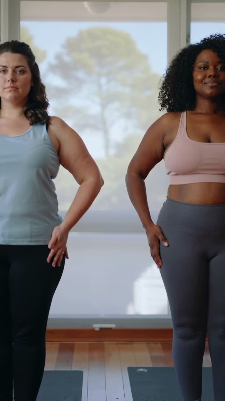 Video verticale: Due donne in piedi in abbigliamento da allenamento che aggiustano la postura prima della lezione su tappetini da yoga in palestra