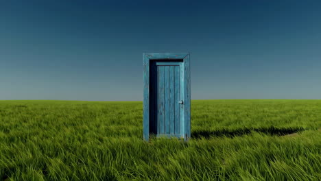 a blue wooden door in a green field