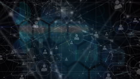 animation of network of connections with icons and data processing on blue background