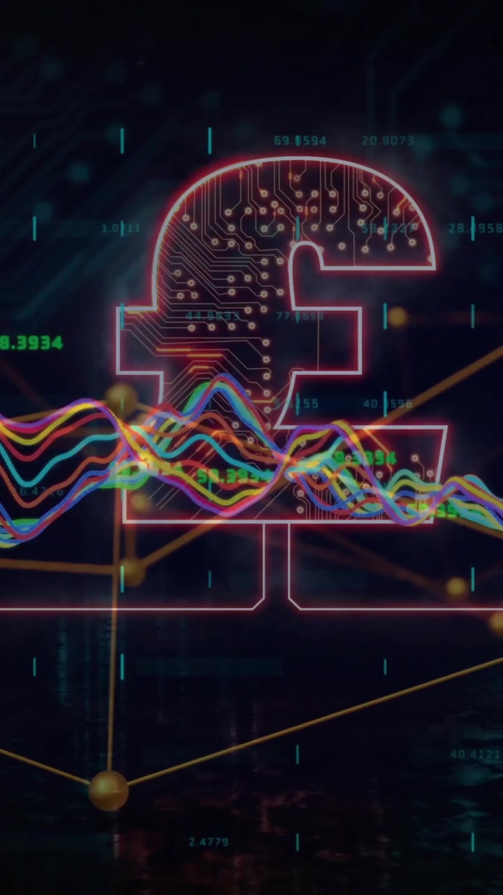 Animation of pound sign and digital data processing over dark background