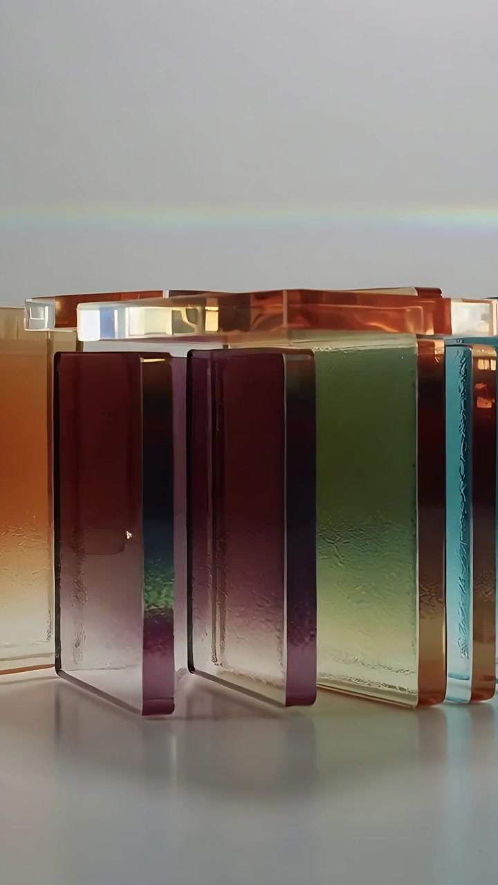 Video verticale: Pannelli che appaiono e si muovono per formare un blocco su un piano d'appoggio riflettente, con una barra di collegamento.