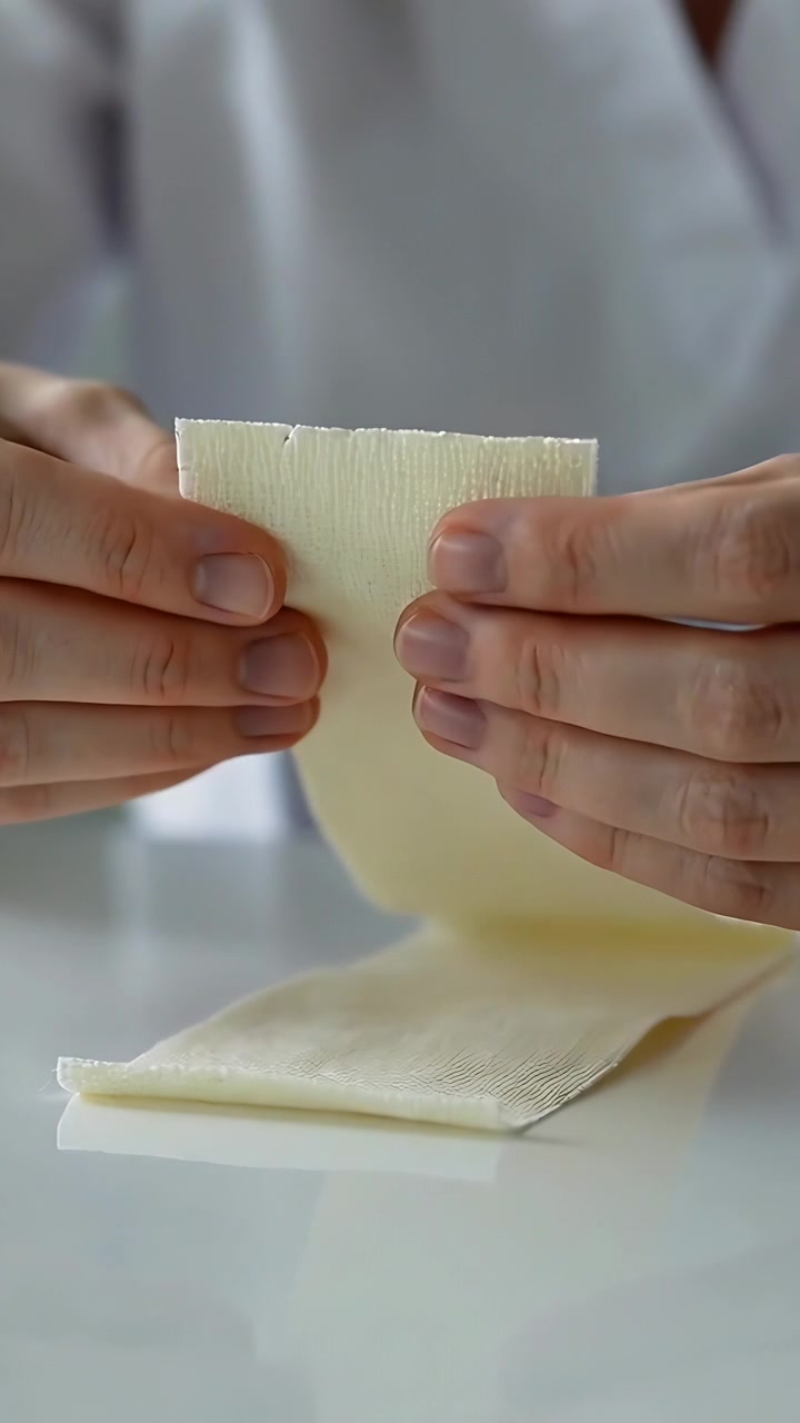 Video verticale: Sollevando il secondo foglio, mani in camice da laboratorio che allineano fogli a coste chiari su un banco, controllando