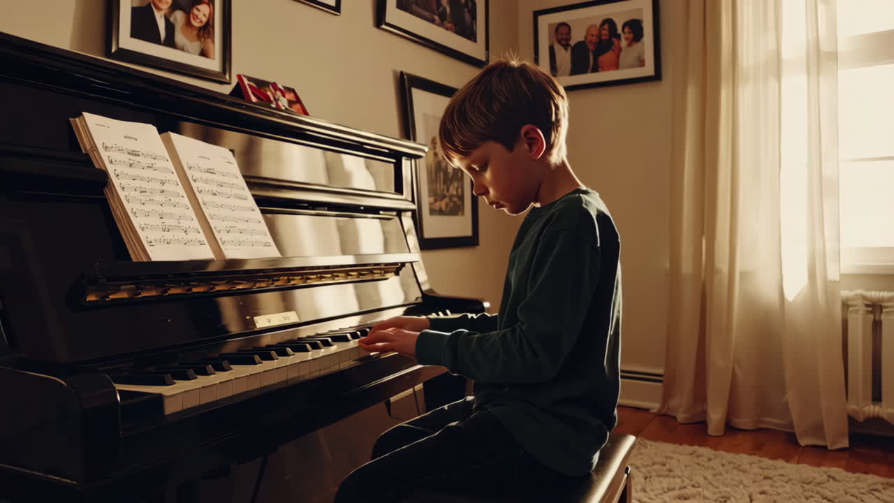 Young Boy Playing Piano at Home