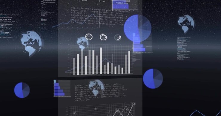 Sliding panels over stars showing data with bar charts rising line graphs connecting globes pulsing