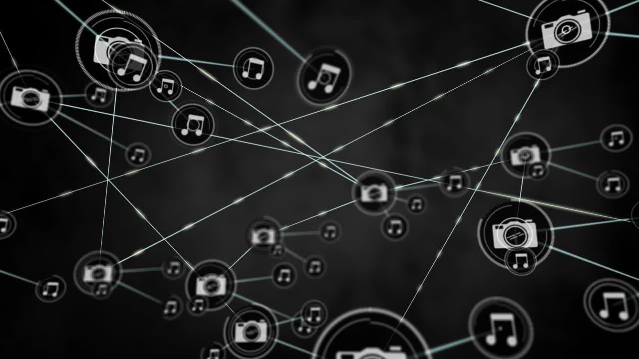 Animation af fremspringende kamera- og musiknotetegn, der forbinder sig over sort baggrund