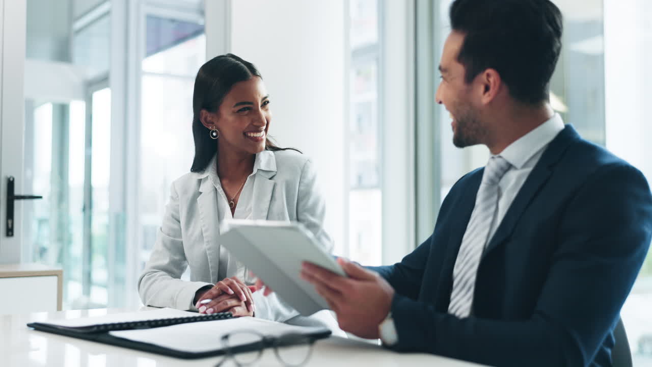Tablet, high five and success with business people