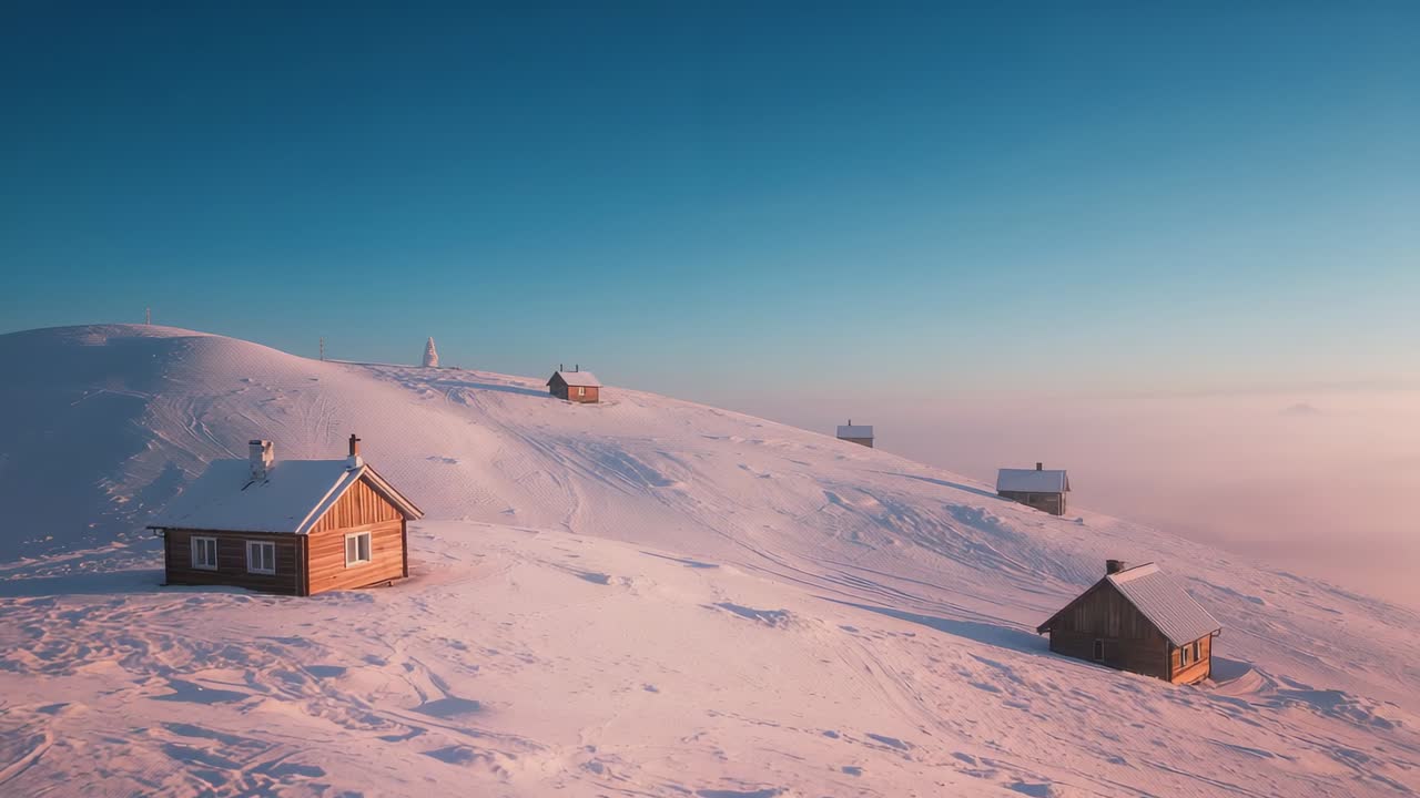 Initiating camera panning over snowy hill, sunrise light revealing wooden cabins under pastel sky