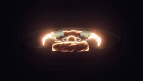 brillantes formas circulares de fuego brillante dentro de un anillo de metal negro. diseño. núcleo de combustión giratorio rodeado por anillo de energía en un fondo negro, bucle sin costuras