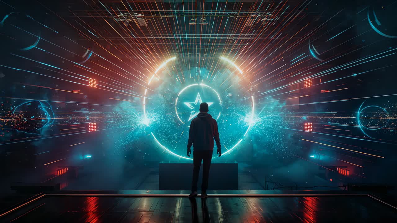 Entering dark futuristic chamber, lonely man walking onto platform, watching portal pulsing energy