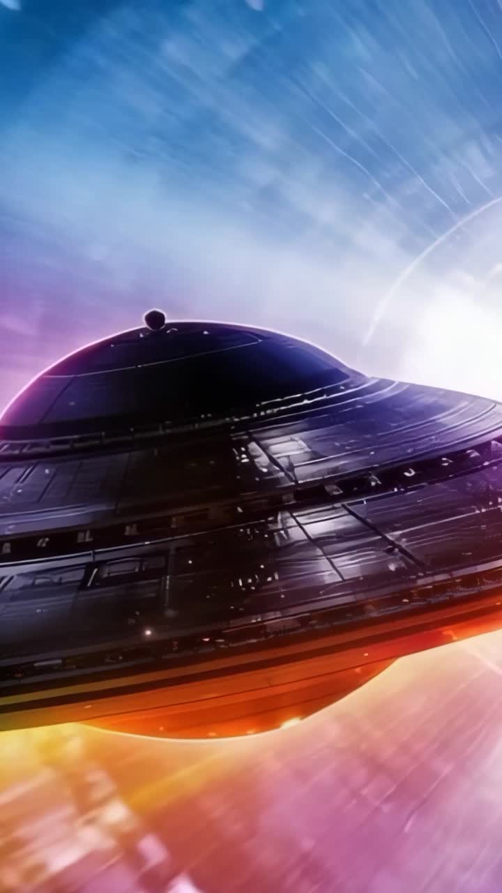 Vertical video: Drifting disc ship navigating warp tunnel, with underbelly beam and pulsing portal