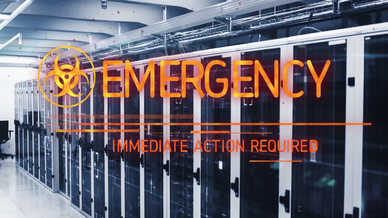 animación del texto de emergencia y el símbolo sobre la sala del servidor