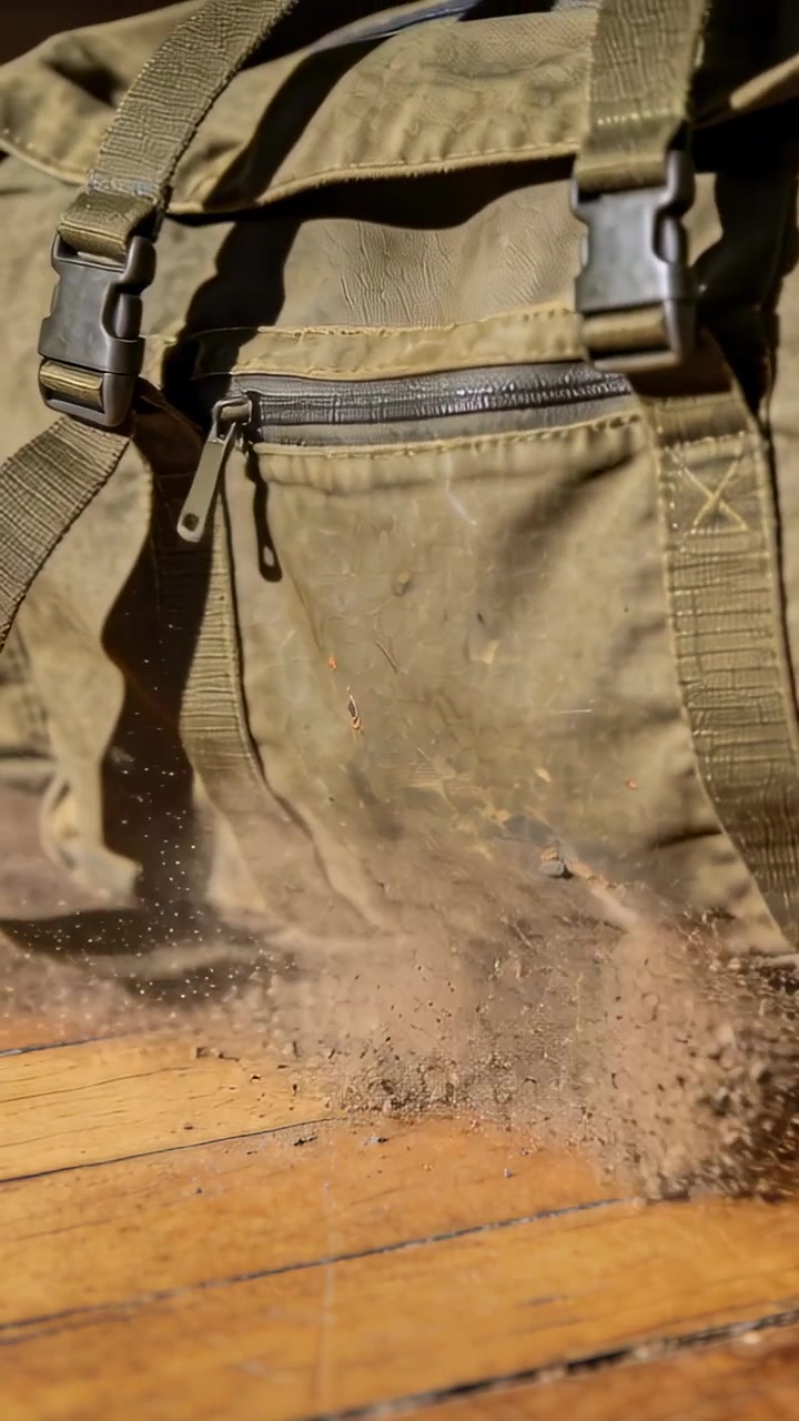 Video verticale: Polvere che si solleva dopo il turno, borsone verde oliva che si muove su pavimento in legno, sole sulle fibbie.