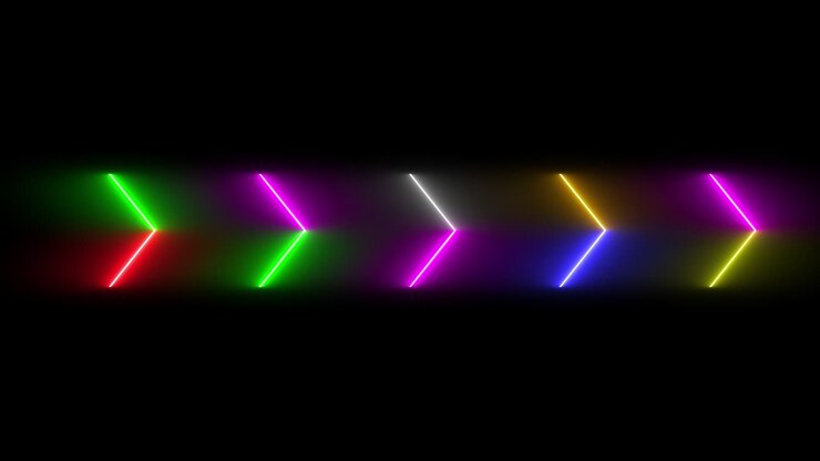 Colorful abstract blurred motion of neon line blaze glowing flashing arrow head animation loop moving random on a black background.