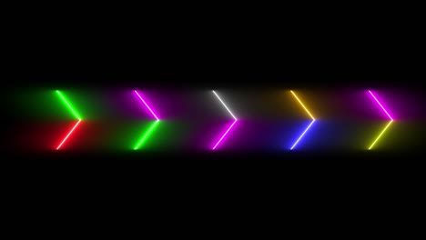 colorido abstracto movimiento borroso de línea de neón llamarada brillante parpadeante cabeza de flecha bucle de animación moviéndose al azar en un fondo negro.
