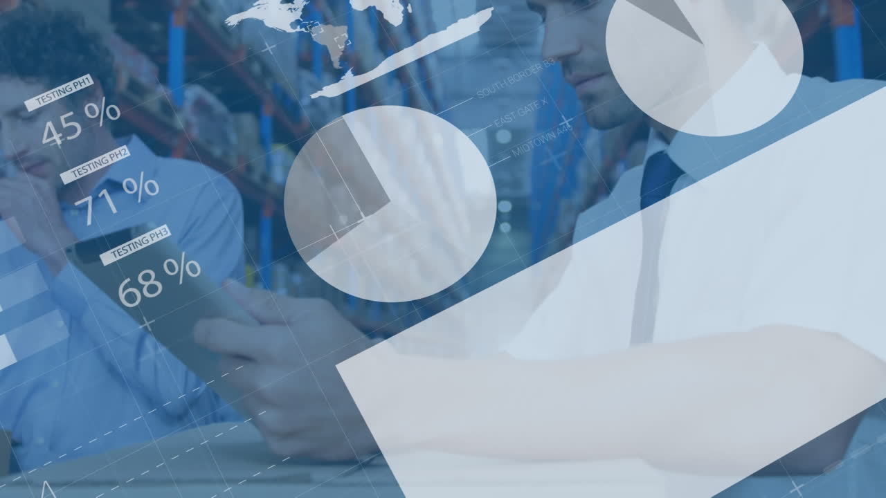 창고에서 디지털 태블릿을 사용하는 백인 동료에 대한 인포그래픽 인터페이스의 애니메이션