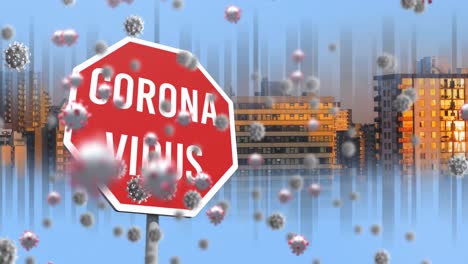 animación del texto del coronavirus en la señal de parada en el camino sobre las células de covid 19 y el paisaje urbano