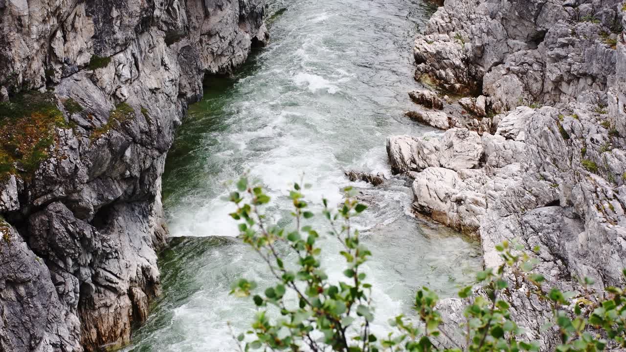 río de montaña espumoso con agua clara en movimiento rápido que fluye en un cañón rocoso