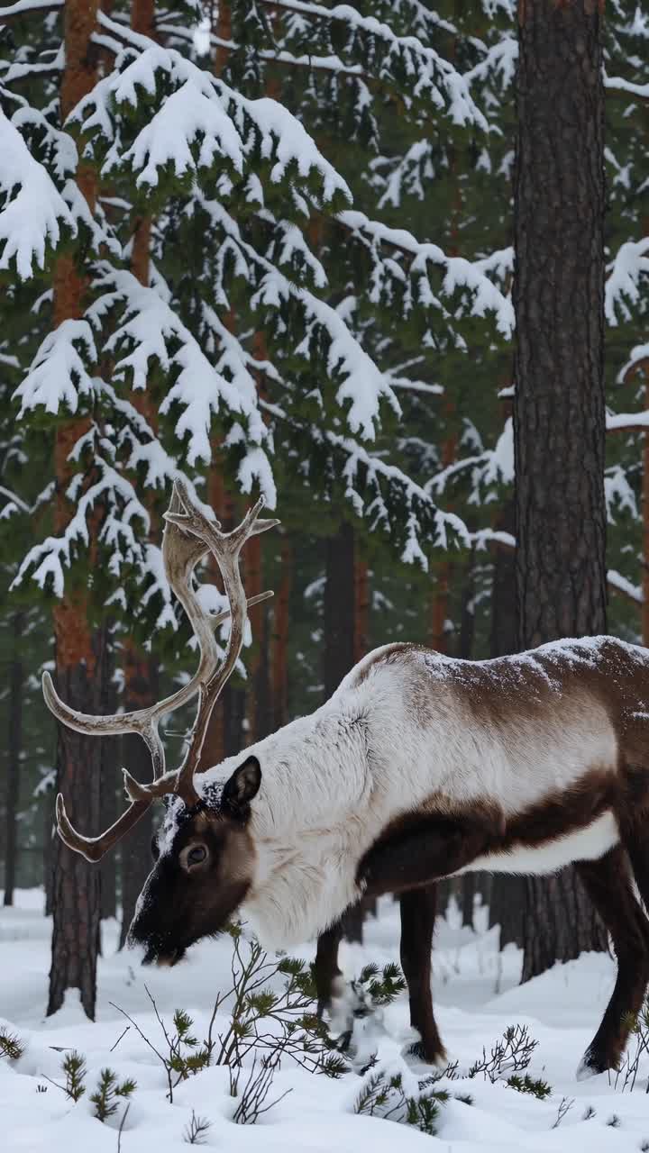 Close-up video angle of a reindeer grazing in a snowy forest, showcasing a serene winter landscape