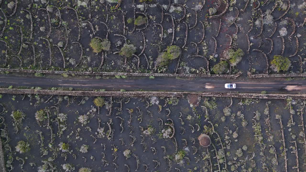 검은 화산재 도로를 달리는 흰색 자동차