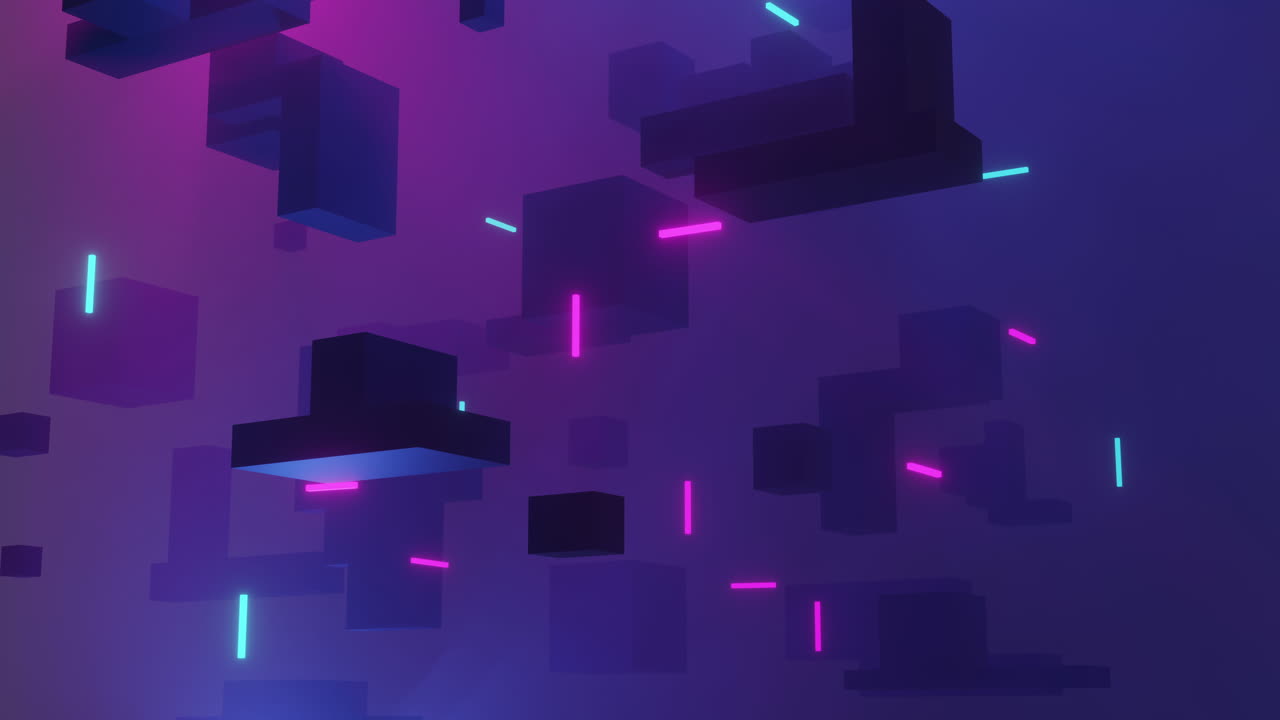 Animation of glowing light trails moving over cubes on purple background