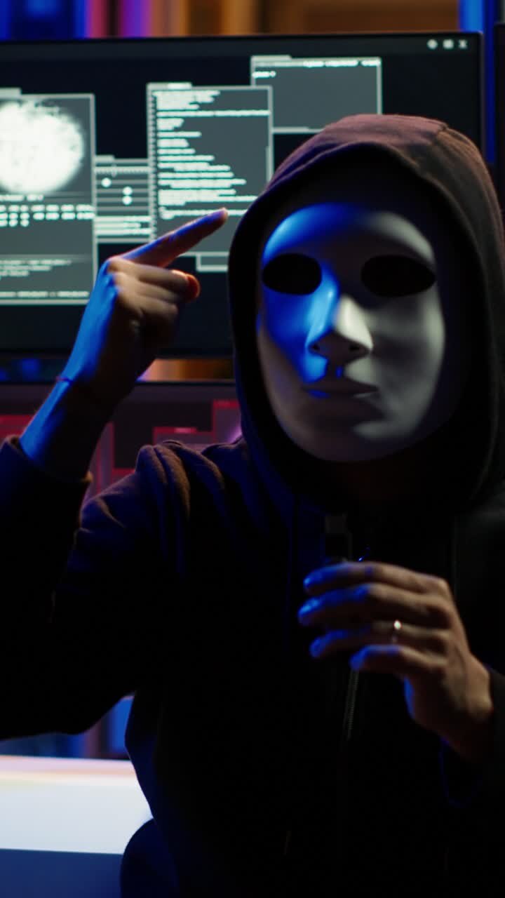 Membro di un gruppo di hacker che realizza video verticali indossando una maschera anonima e minacciando il governo