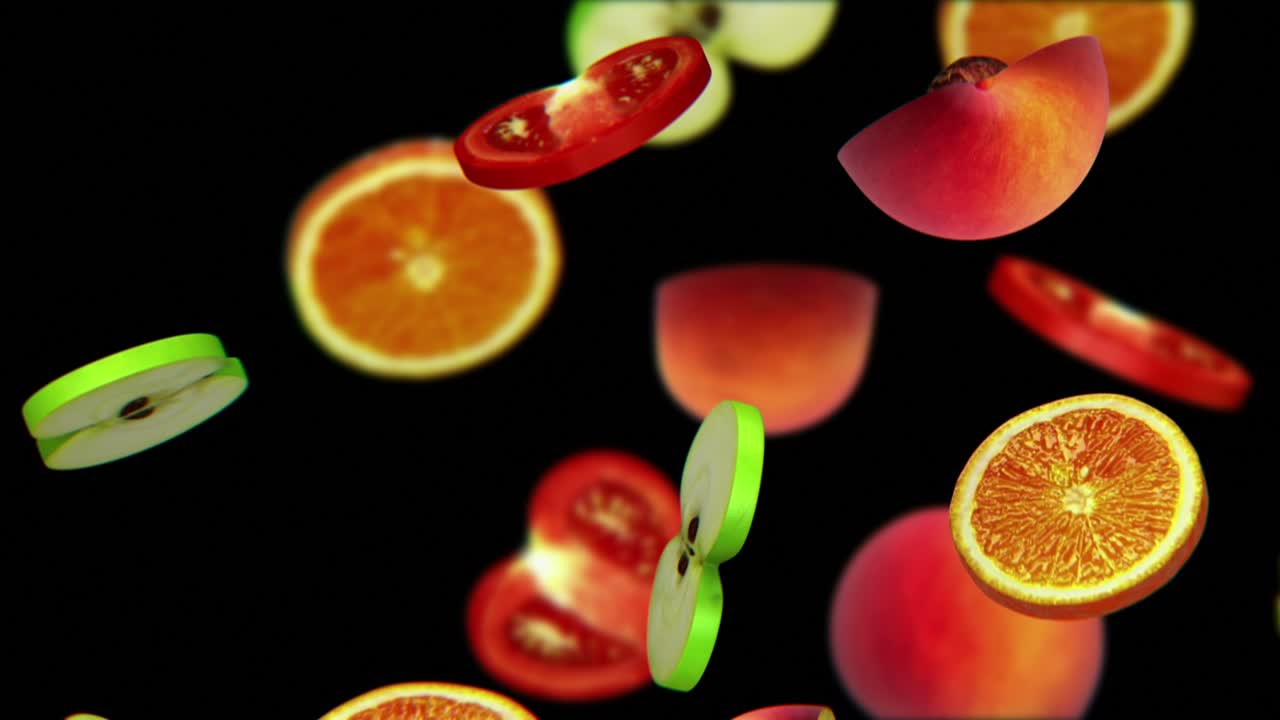 Sliced pieces of fruits falling on black background, seamless loop, CG