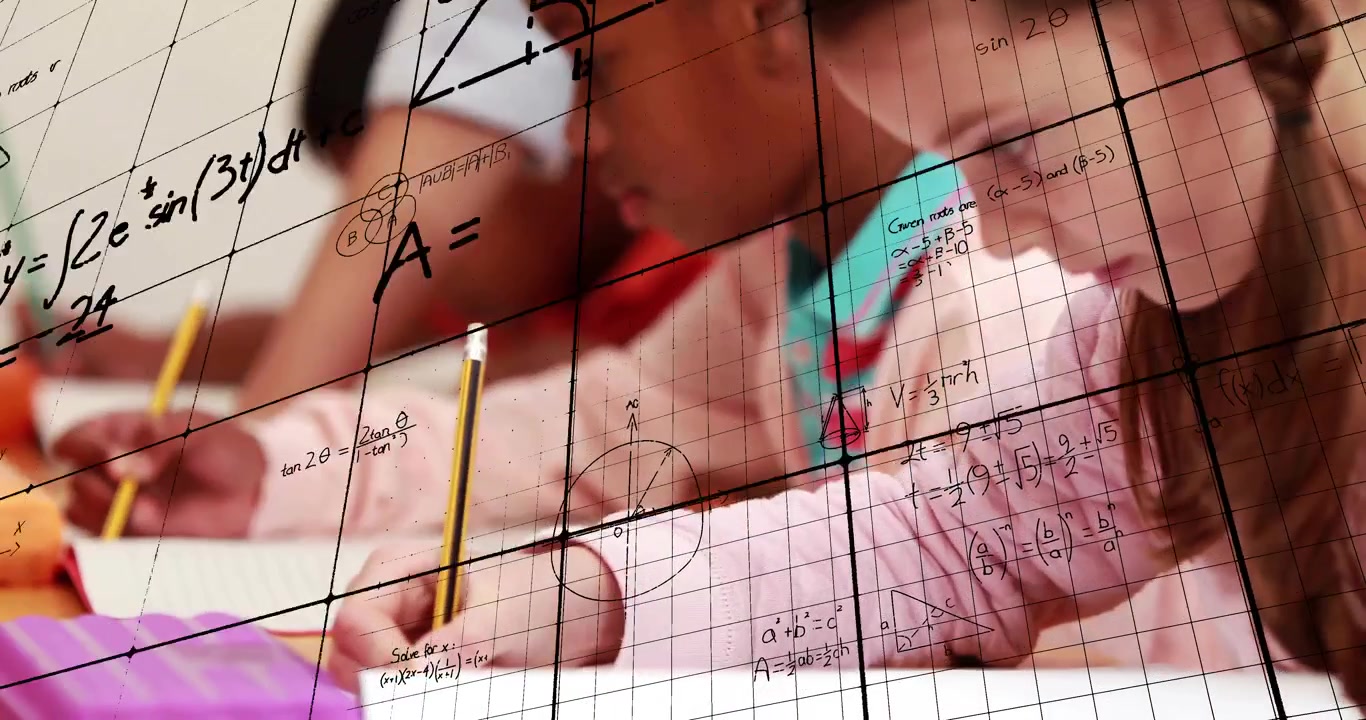 Teacher and students writing with pencils in notebooks, showing math formulas and grid lines
