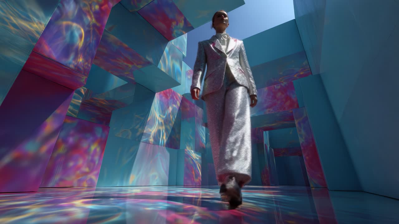 An ethereal fashion showcase unfolds within an abstract environment filled with colorful reflections, showcasing a stunning model adorned in shimmering attire and surrounded by mesmerizing light patterns