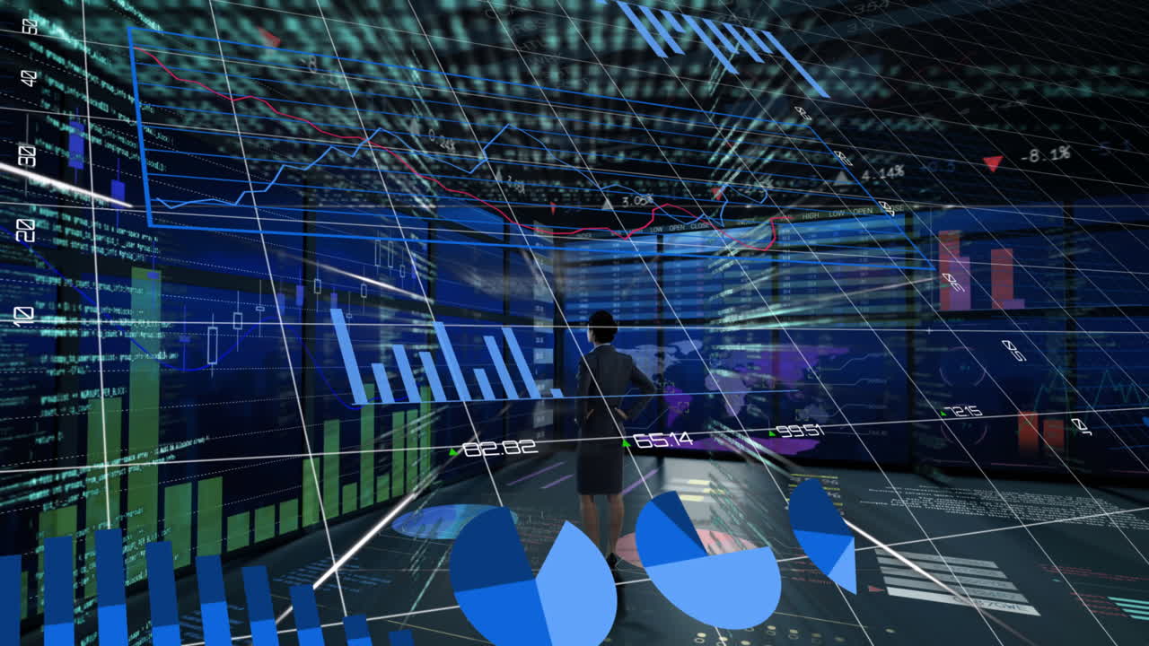 animación del procesamiento de datos financieros y el creciente número de mujeres de negocios caucásicas