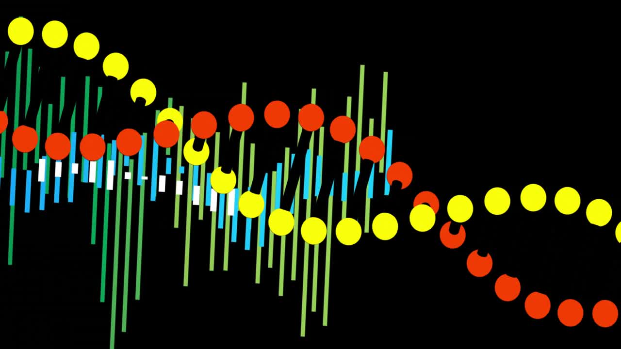 Starting playback red yellow dotted strands weaving helix bars pulsing to visualize audio spectrum