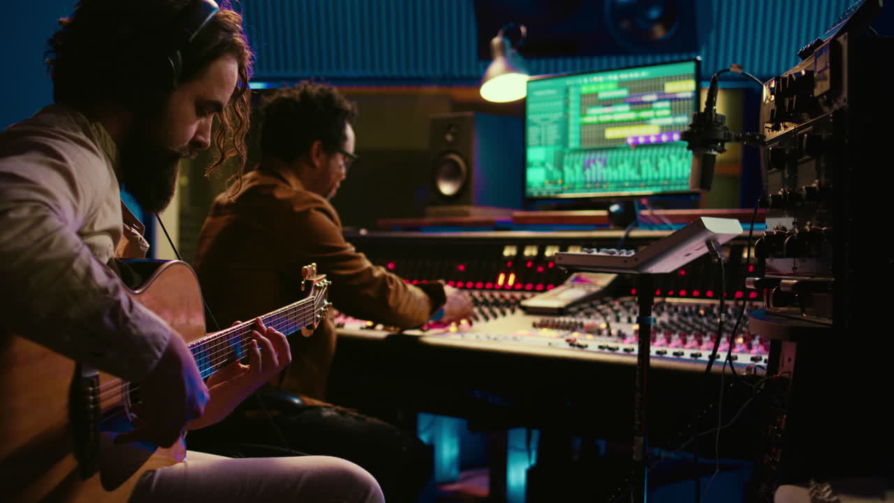 joven compositor y compositor grabando sus melodías de guitarra en un estudio profesional