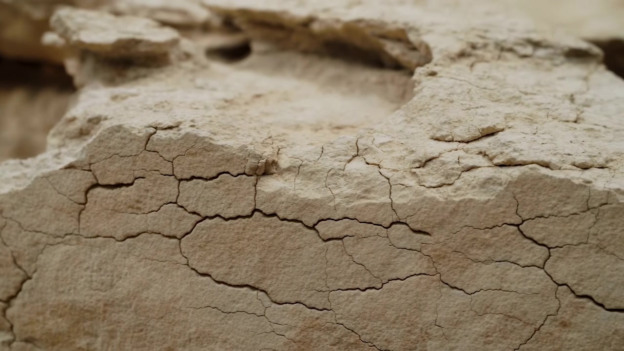 Un gros plan se déplace doucement sur de l'argile desséchée avec des fissures ramifiées irrégulières, des sédiments poudreux, des couches brisées, une faible profondeur de champ et une lumière naturelle douce accentuant la texture sèche