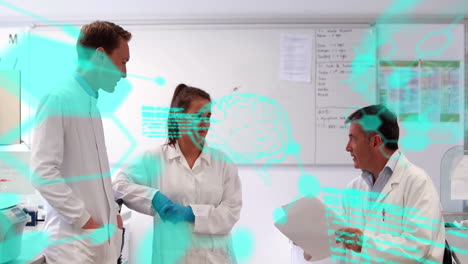 animación del procesamiento de datos médicos sobre un equipo de diversos científicos discutiendo en el laboratorio.