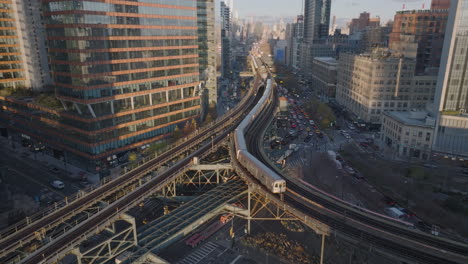 aerial view of the subway in queens. shot on an autumn morning in new york city