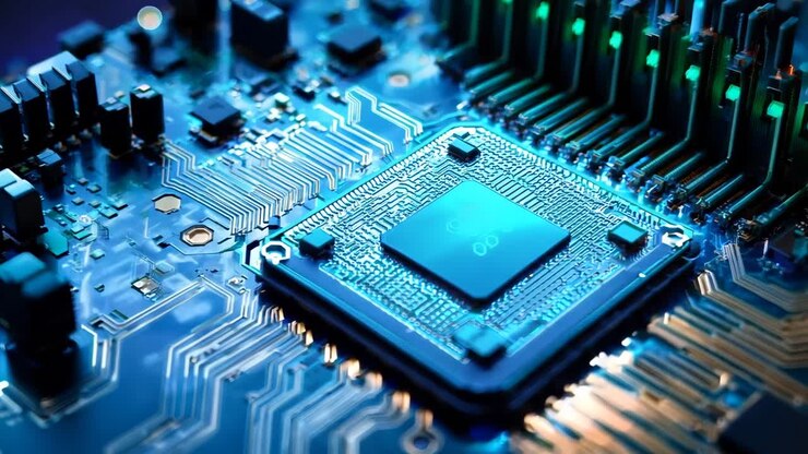 A close up of a computer motherboard with a chip on it