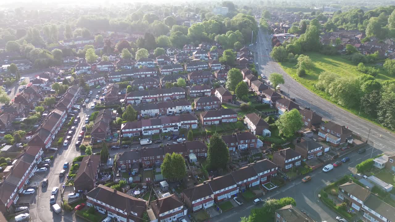 4K aerial shot of typical British houses from above in the morning and housing crisis