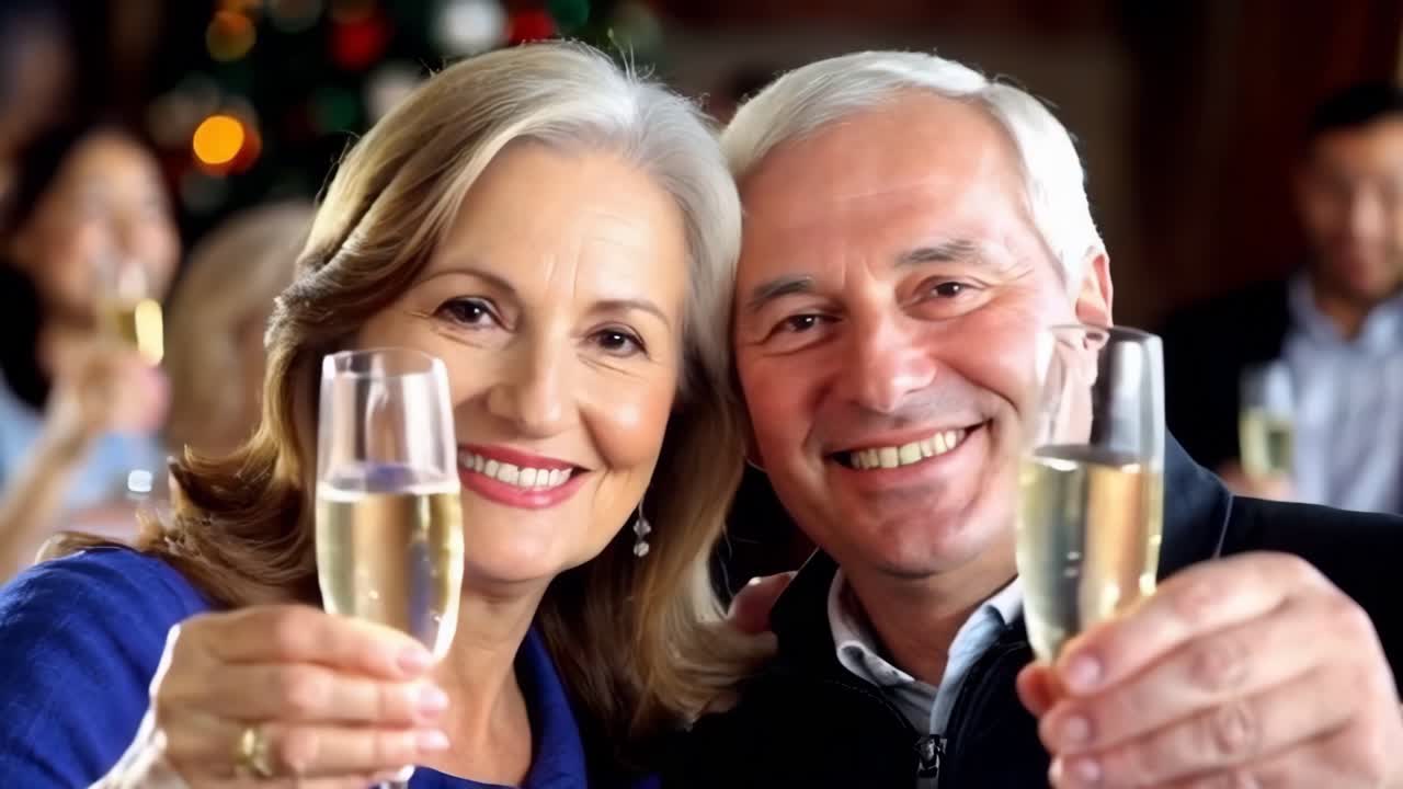A senior couple are holding up their champagne glasses and smiling. New Year celebration