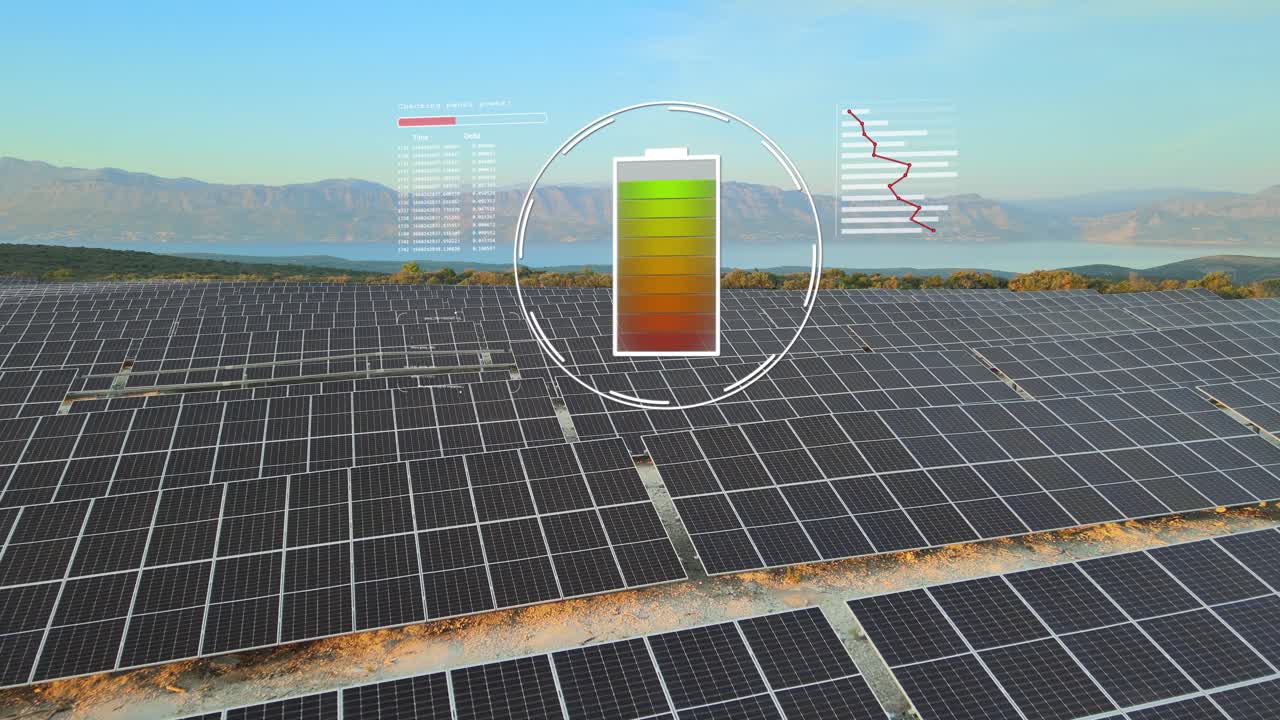 배터리 충전의 애니메이션, 청정 녹색 에너지 전력 저장, 인포그래픽 및 충전 지표와 함께 태양광 기지 스테이션에서 데이터 수집과 함께 태양 전지 패널 위를 비행 드론