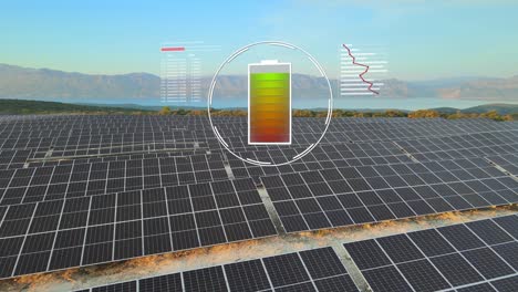 drone fly above solar panel with animation of battery charging, clean green energy power storage, infographics and data collection in photovoltaic base station with indicator of charging