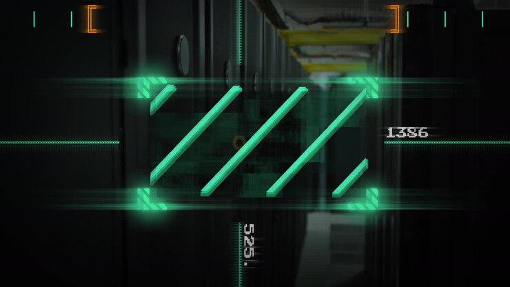 Animation of lines in viewfinder with changing numbers against server room in background