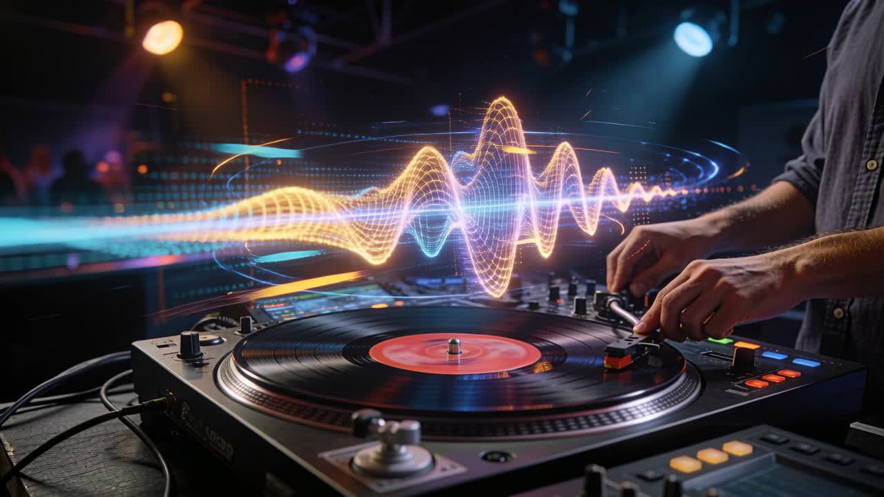 Forma d'onda che raggiunge il picco, DJ con polsini arrotolati che regola il braccio del giradischi e spinge il mixer in un club, etichetta arancione