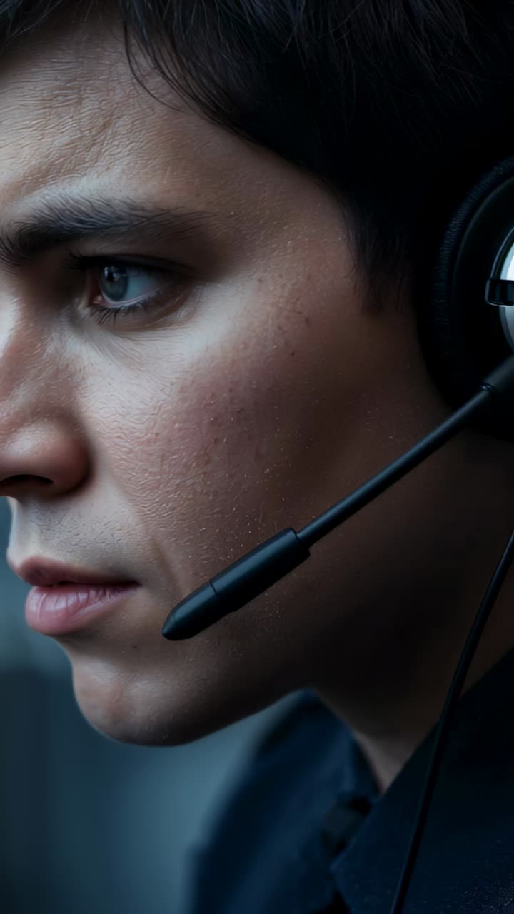 Vertikal video: Telefonsamtale, mann med headset ved skrivebordet håndterer den, snakker i mikrofonarm, mørk skjorte