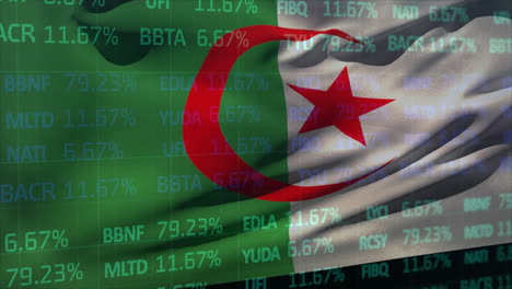 animation of statistics and financial data processing over flag of algeria