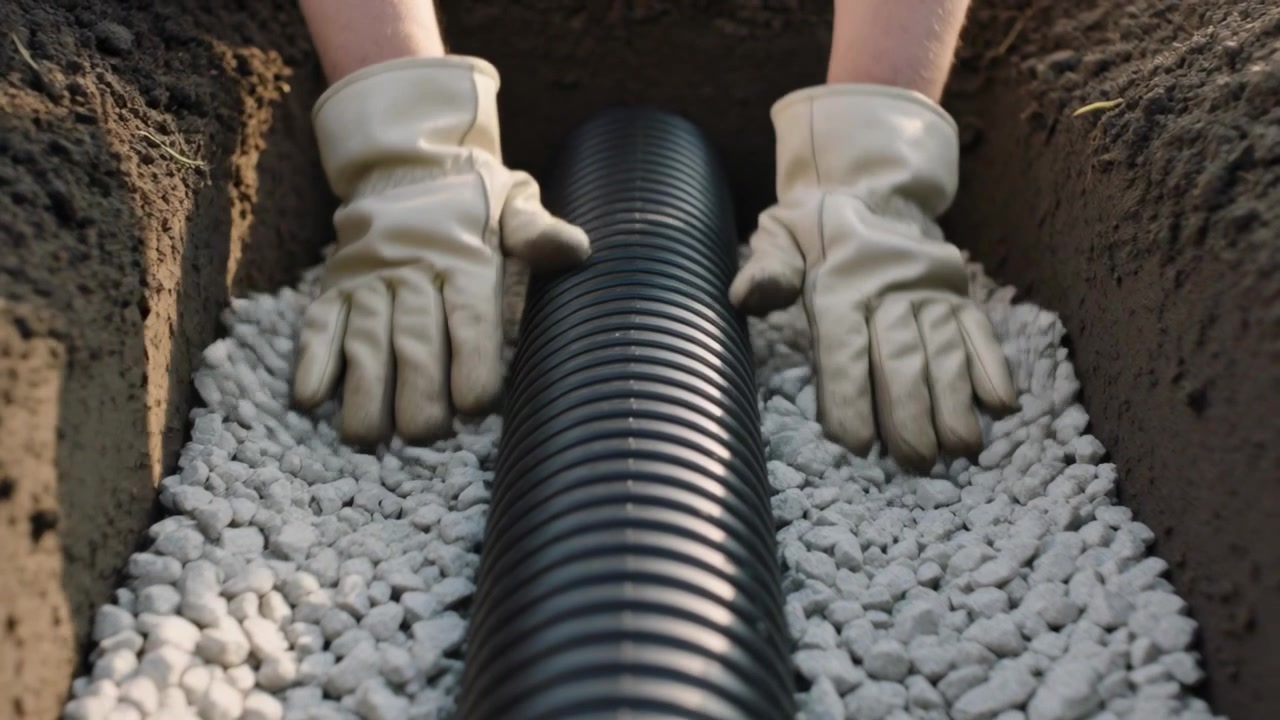 Starting gloved hands guiding black corrugated pipe into trench with white gravel for drainage
