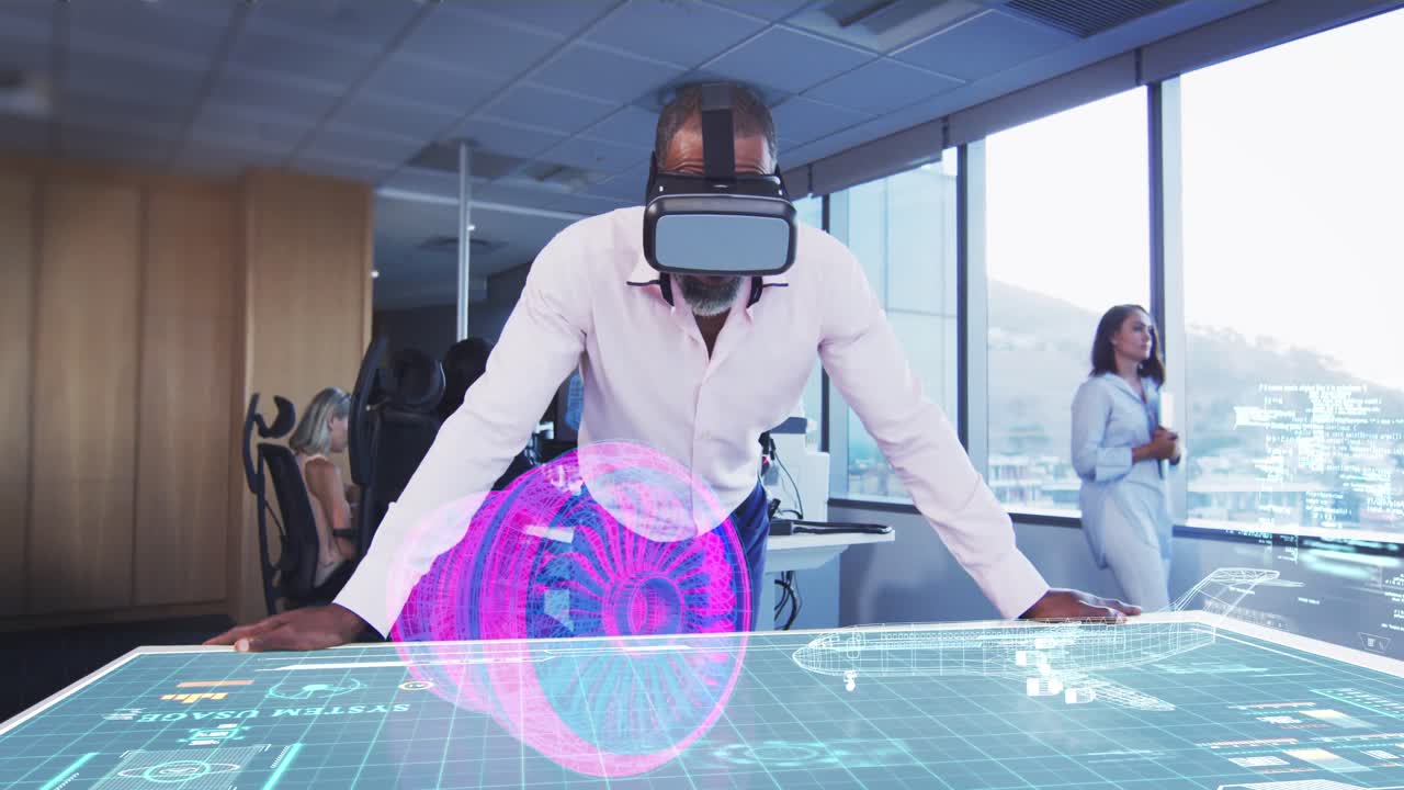 Animation of a businessman wearing a VR headset with a 3d plan on a table