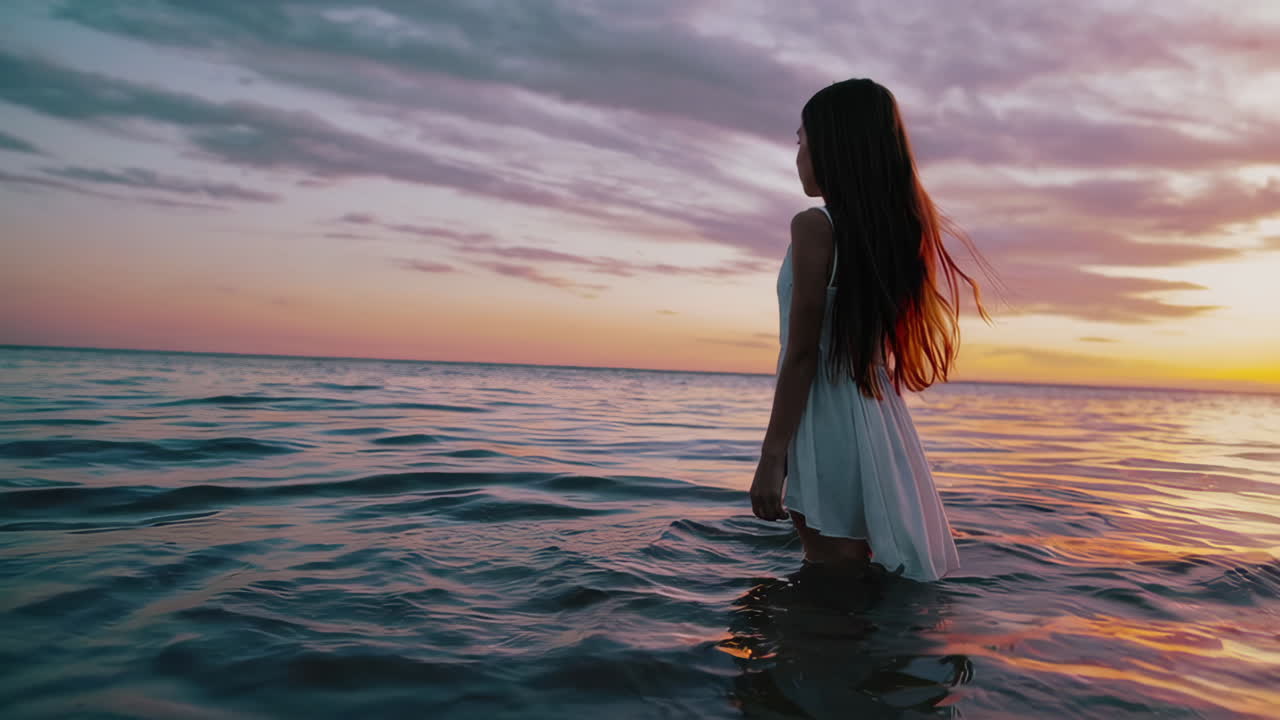 Woman standing in the water at sunset