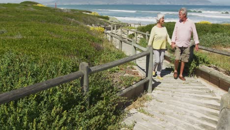 pareja caucásica mayor cogida de las manos y caminando por el camino que conduce a la playa