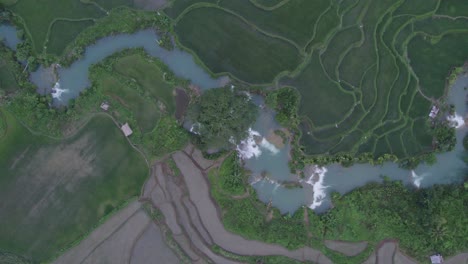 top down shot of the wee kacura waterfall at sumba indonesia during cloudy day, aerial