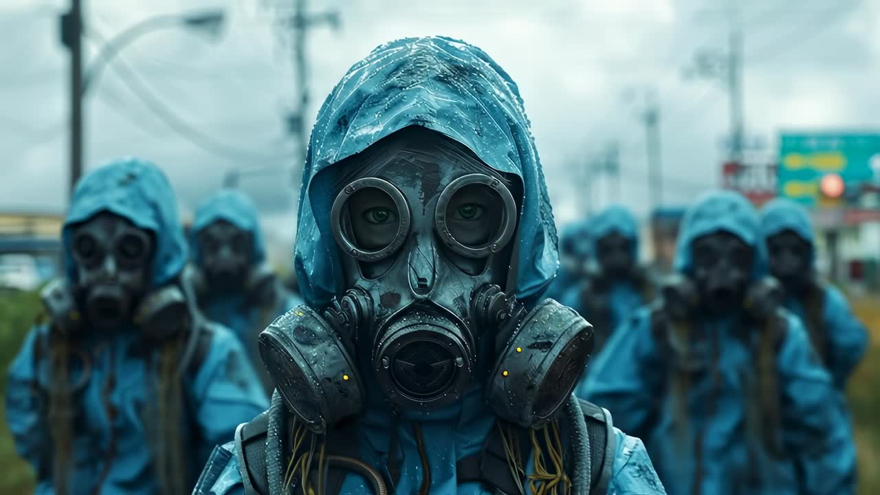 Folk med gasmasker på en gade. En gruppe mennesker iført blå jakker og gasmasker går ned ad en gade. Himlen ser skyet og grå ud omkring dem
