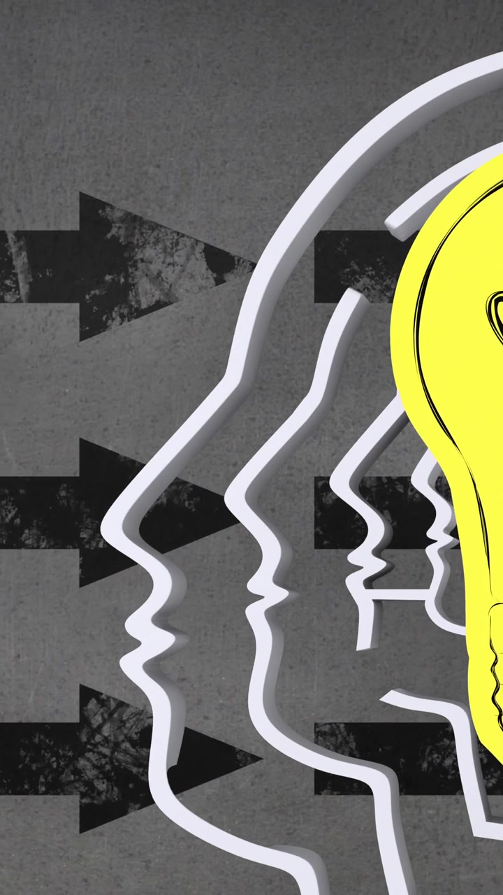 Animazione digitale di una lampadina gialla sopra un modello di testa umana contro frecce che si muovono su sfondo grigio